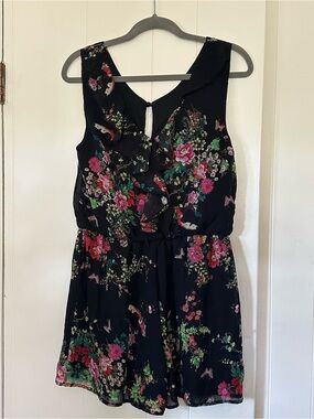 bailey blue Black Floral Ruffle Romper with Pink & Green Accents